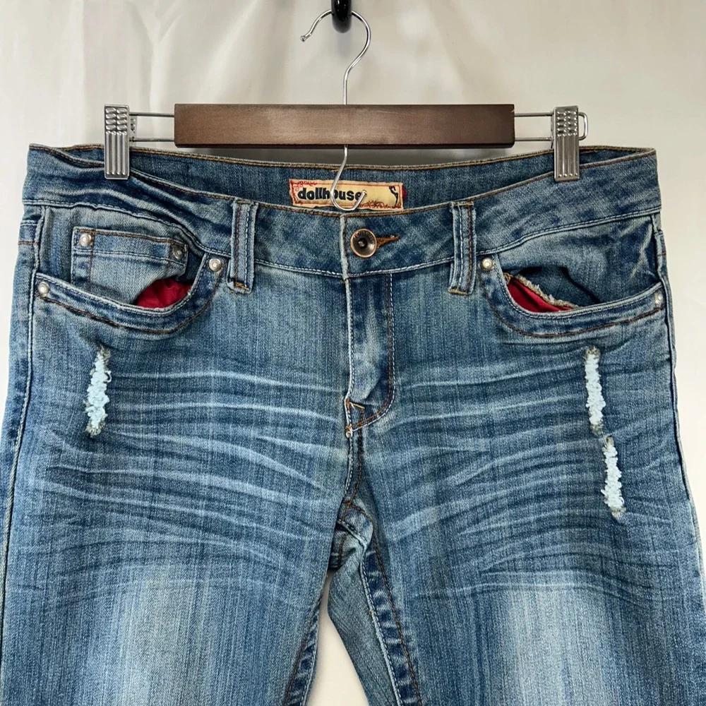 Dollhouse Jeans Womens 11 Blue Medium Wash Low Rise Distressed Bootcut Whiskered